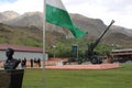 Kargil war Memorial inside showing statue of captain Vikram Batra,Indian national flag, Pack Howitzer canon aimed towards Pakistan