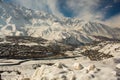 scenic view of a kargil town of UT ladakh covered in snow with a river and houses in snow Royalty Free Stock Photo