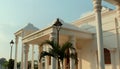 Front view of the Karikala Cholan Manimandapam with sun rays- hall- situated in the The Grand Kallanai.