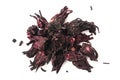 Karkade tea. Heap of dried hibiscus flowers top view. Red hibiscus petals isolated on a white background