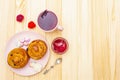 Karkade tea from hibiscus petals Sudanese rose. Gentle romantic breakfast concept. Buns, meringues, strawberry jelly. On a