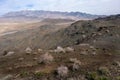 Karkas mountain range rises above desert in Isfahan province of Iran. Village of Tarq below. Royalty Free Stock Photo