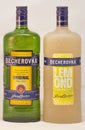 Karlovarska Becherovka bottles against white Royalty Free Stock Photo