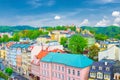 Karlovy Vary Carlsbad historical city centre aerial view with Tepla river embankment, colorful beautiful buildings Royalty Free Stock Photo