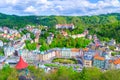 Karlovy Vary Carlsbad historical city centre top aerial view with colorful beautiful buildings Royalty Free Stock Photo