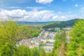 Karlovy Vary Carlsbad historical city centre top aerial view with colorful beautiful buildings, Slavkov Forest Royalty Free Stock Photo