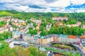 Karlovy Vary Carlsbad historical city centre top aerial view with colorful beautiful buildings Royalty Free Stock Photo