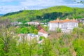 Karlovy Vary Carlsbad historical city centre top aerial view with hotels buildings Royalty Free Stock Photo