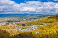 Karlovy Vary city aerial panoramic view with row of colorful multicolored buildings Royalty Free Stock Photo