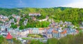 Karlovy Vary city aerial panoramic view with row of colorful multicolored buildings Royalty Free Stock Photo