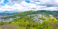 Karlovy Vary city aerial panoramic view with row of colorful multicolored buildings Royalty Free Stock Photo