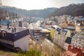 Karlovy Vary, Czech Republic - February 23, 2021: Aerial view of Karlovy Vary or Carlsbad, panoramic famous spa town