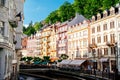 Karlovy Vary, Czech Republic - May 26, 2017: Colorful historic buildings in Karlovy Vary Karlsbad spa town Royalty Free Stock Photo