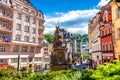 KARLOVY VARY, CZECH REPUBLIC - MAY 26, 2017: Column with the sculpture of the Holy Trinity