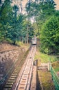 Karlovy Vary, Czech Republic, May 10, 2019: Funicular rails on slope of hill to Diana Observation lookout Tower