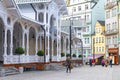 Karlovy Vary, Czech Republic, May 10, 2019: The Market Colonnade Trzni kolonada wooden colonnade Royalty Free Stock Photo