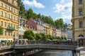 Karlovy Vary, Czech Republic-September 12, 2020. View of canal and street with colorful facades in Czech famous spa city. Romantic Royalty Free Stock Photo