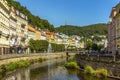 Karlovy Vary, Czech Republic-September 12, 2020. View of canal and street with colorful facades in Czech famous spa city. Romantic Royalty Free Stock Photo