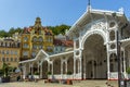 Karlovy Vary, Czech Republic-September 12, 2020. View of street with colorful facades in Czech famous spa city. Romantic Royalty Free Stock Photo