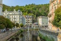 Karlovy Vary, Czech Republic-September 12, 2020. View of street with colorful riverfront houses in Czech famous spa city. Romantic Royalty Free Stock Photo