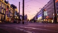 Karlsruhe, Germany - 30.August 2019: city center evening with rail road tracks - EUROPAPLATZ