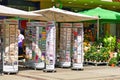 Karlsruhe, Germany - Stand in front of stationery shop souvenir shop selling various postcards and birthday greeting cards