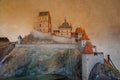 Karlstejn, Czech Republic, 12 March 2022: medieval gothic castle interior, plaster model of castle with towers on hill, grand hall