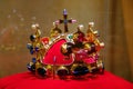 Karlstejn, Czech Republic, 12 March 2022: medieval gothic castle interior, replica of the gold Bohemian royal crown of Saint