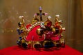 Karlstejn, Czech Republic, 12 March 2022: medieval gothic castle interior, replica of the gold Bohemian royal crown of Saint