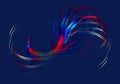 Bright iridescent twisted wavy lines intersect in the shape of a fan on a dark blue background