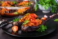 Karniyarik - turkish traditional aubergine eggplant meal. Stuffed eggplants with ground beef Royalty Free Stock Photo