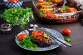 Karniyarik - turkish traditional aubergine eggplant meal. Stuffed eggplants with ground beef Royalty Free Stock Photo