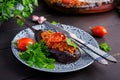 Karniyarik - turkish traditional aubergine eggplant meal. Stuffed eggplants with ground beef