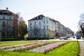 Karolinenplatz in Munich in spring, beautifully planted with tulips