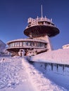 18.12.2022 Karpacz, Poland - Meteorological station on Mount Sniezka befofe sunrise. Winter in the Giant Mountains
