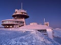 18.12.2022 Karpacz, Poland - Meteorological station on Mount Sniezka befofe sunrise. Winter in the Giant Mountains