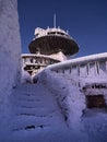 18.12.2022 Karpacz, Poland - Meteorological station on Mount Sniezka at night. Winter in the Giant Mountains Royalty Free Stock Photo