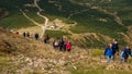 Tourists on the trail in the Karkonosze Mountains, Sniezka summit 1603 m n.p.m., Karkonosze National