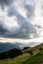 Beautiful sunset in the Carpathian mountains, with Christmas trees and peaks Royalty Free Stock Photo