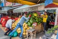 KARS, TURKEY - JULY 18, 2019: Workers throwing and catching melons in a fruit and vegetable shop in Kars, Turk Royalty Free Stock Photo