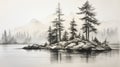 Karst Sketch: Tranquil Pine Tree Landscape With Water