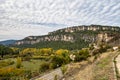 The karstic cliffs in large lagoon of Tobar in Beteta, Cuenca, Castilla la Mancha, Spain