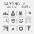 Kart racing, karting, motorsport, driver equipment. Thin line icon set.