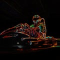 Kart racing neon light picture. Man in karting vehicle on track