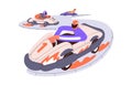 Kart racing. Racers in road cars, gocarts, driving at fast speed at competition. People in go-carts, auto vehicles