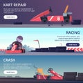 Karting cars. Banners with sport pictures of speed fast karting racing automobiles vector cartoon pictures