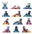 Karting cars. Fast racers speed karting machines on road vector cartoon illustrations