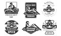 Karting Competition Premium Retro Labels Set, Mechanic Station, Procart Racing Club Monochrome Badges Vector