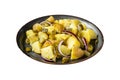 Kartoffelsalat - Traditional German potato salad. Isolated on white background. Top view.