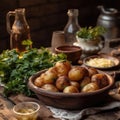 Kartoplia Na Pary Steamed Potatoes On Stone In Rustic Pub Ukrainian Dishes. Generative AI